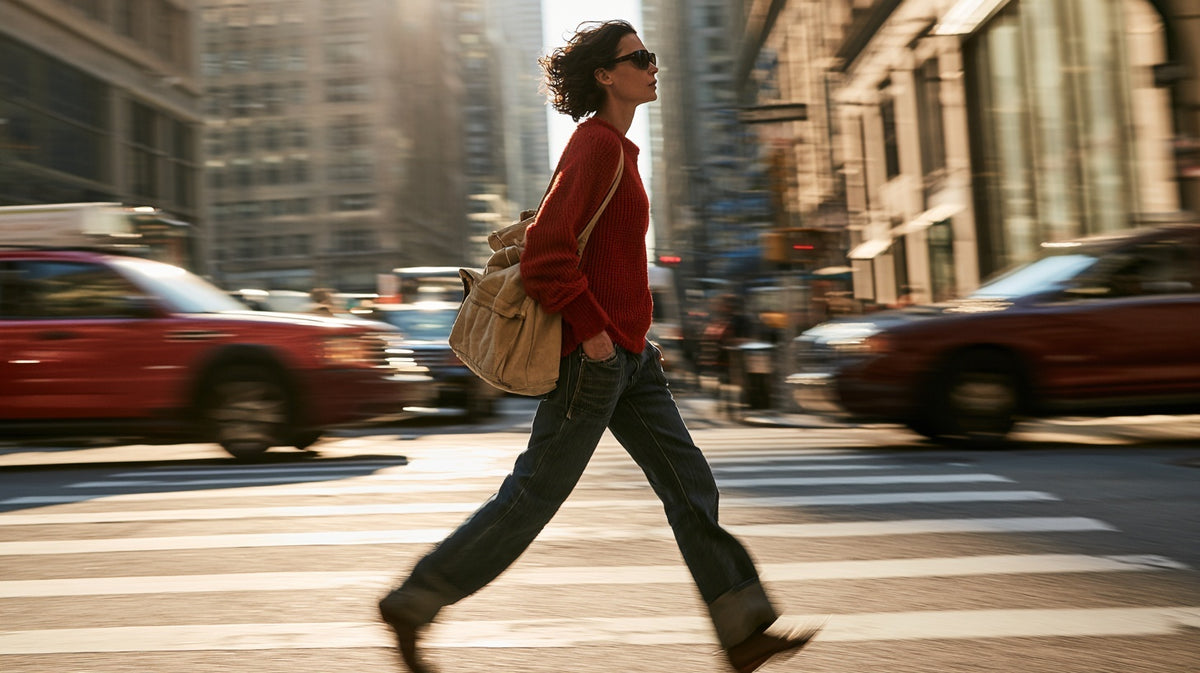 Person in a red jacket walking across a sunlit city street.