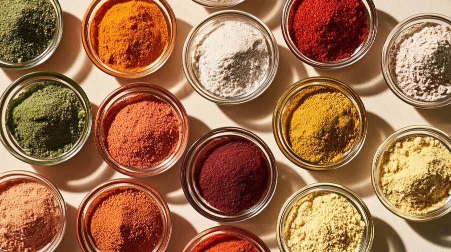 Colourful plant and ingredient powders in small bowls.