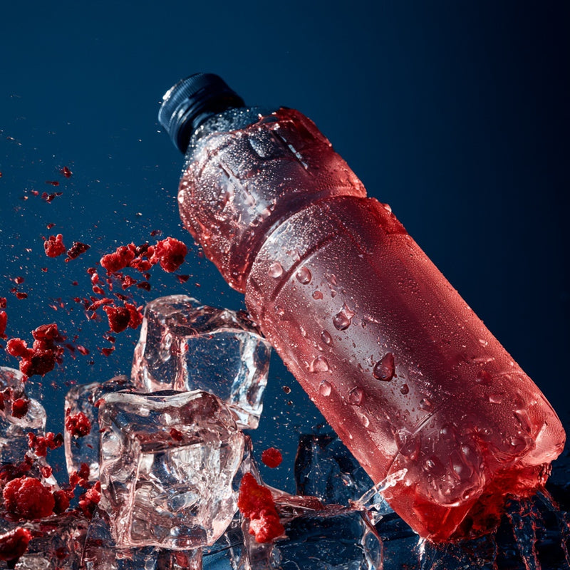 Training bottle and glass surrounded by ice and red accents.
