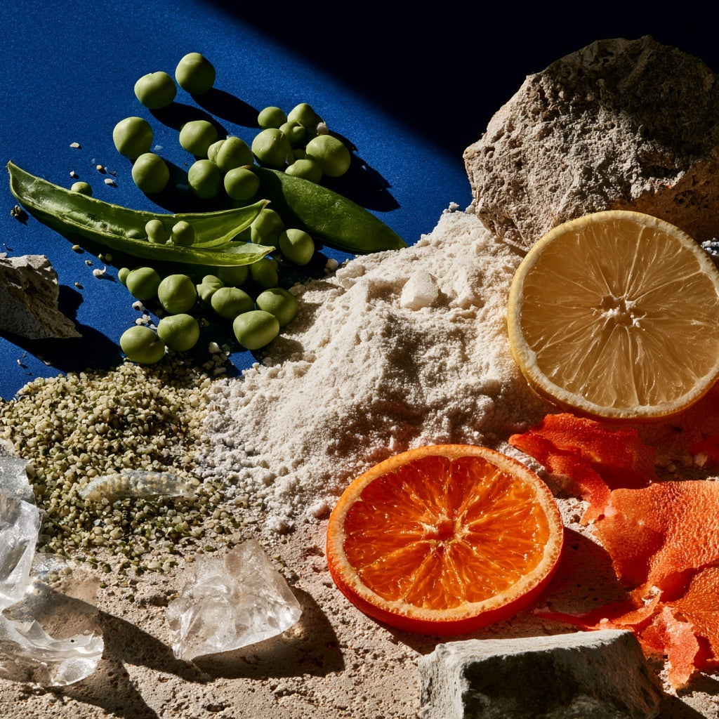 Plant ingredients and powders with sliced citrus on a blue background.