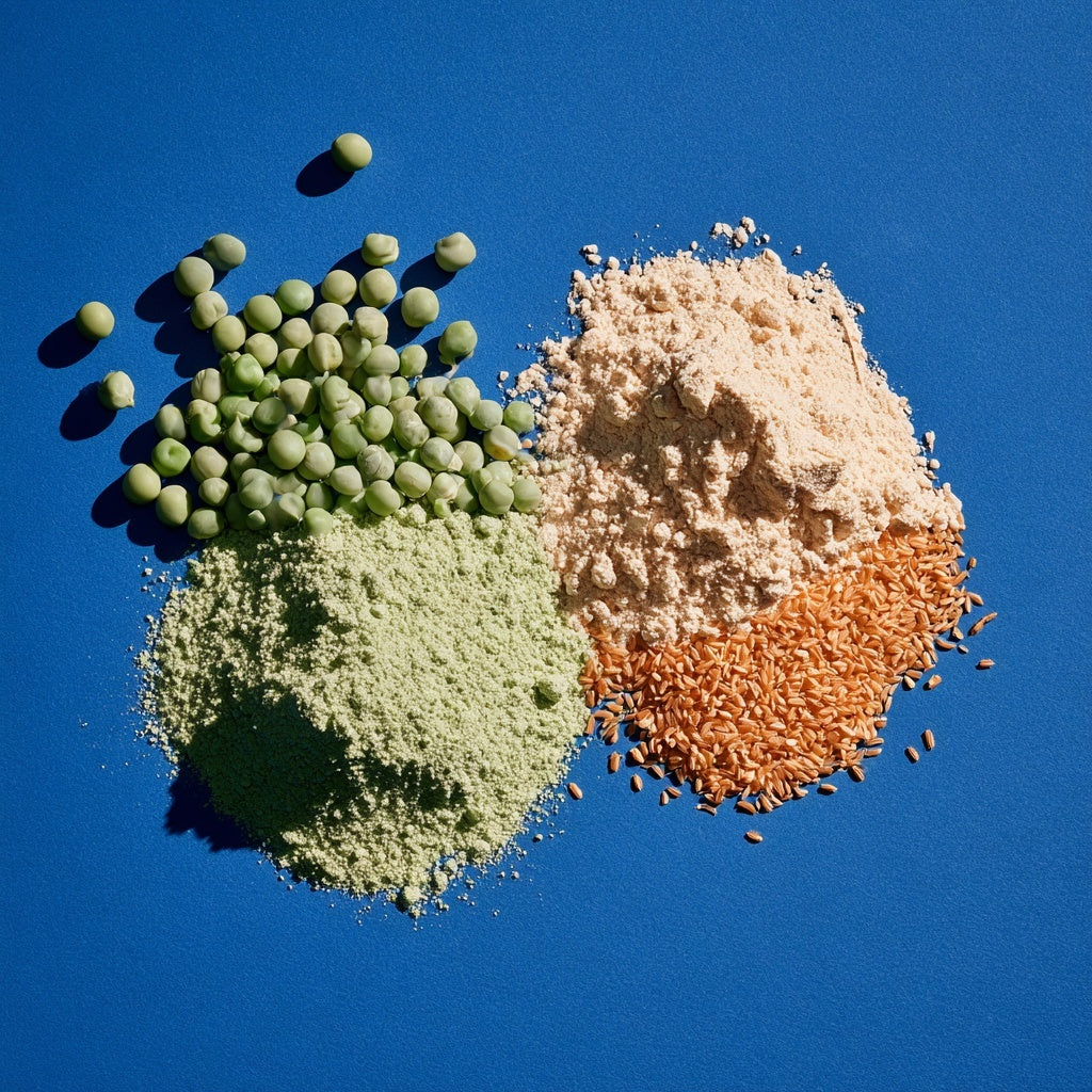 Peas, rice and plant protein powders arranged on a blue background.