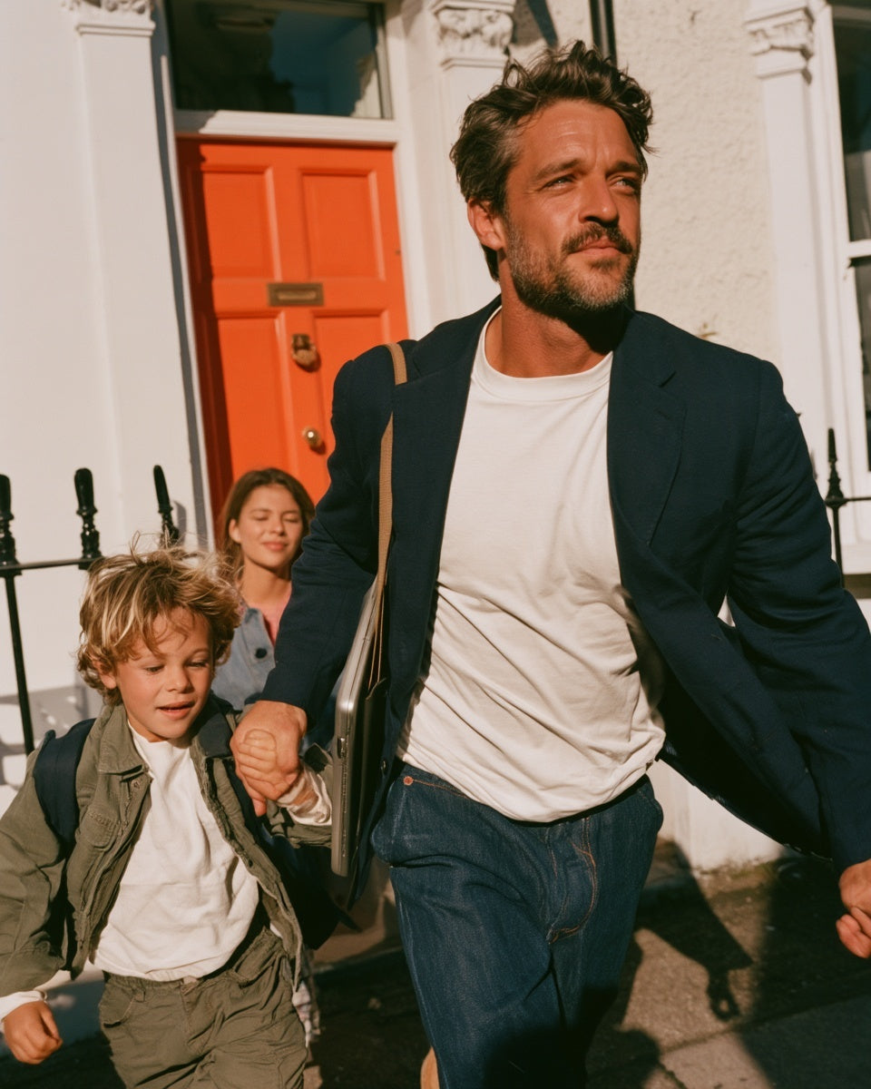 Adult and child walking out of a building together.