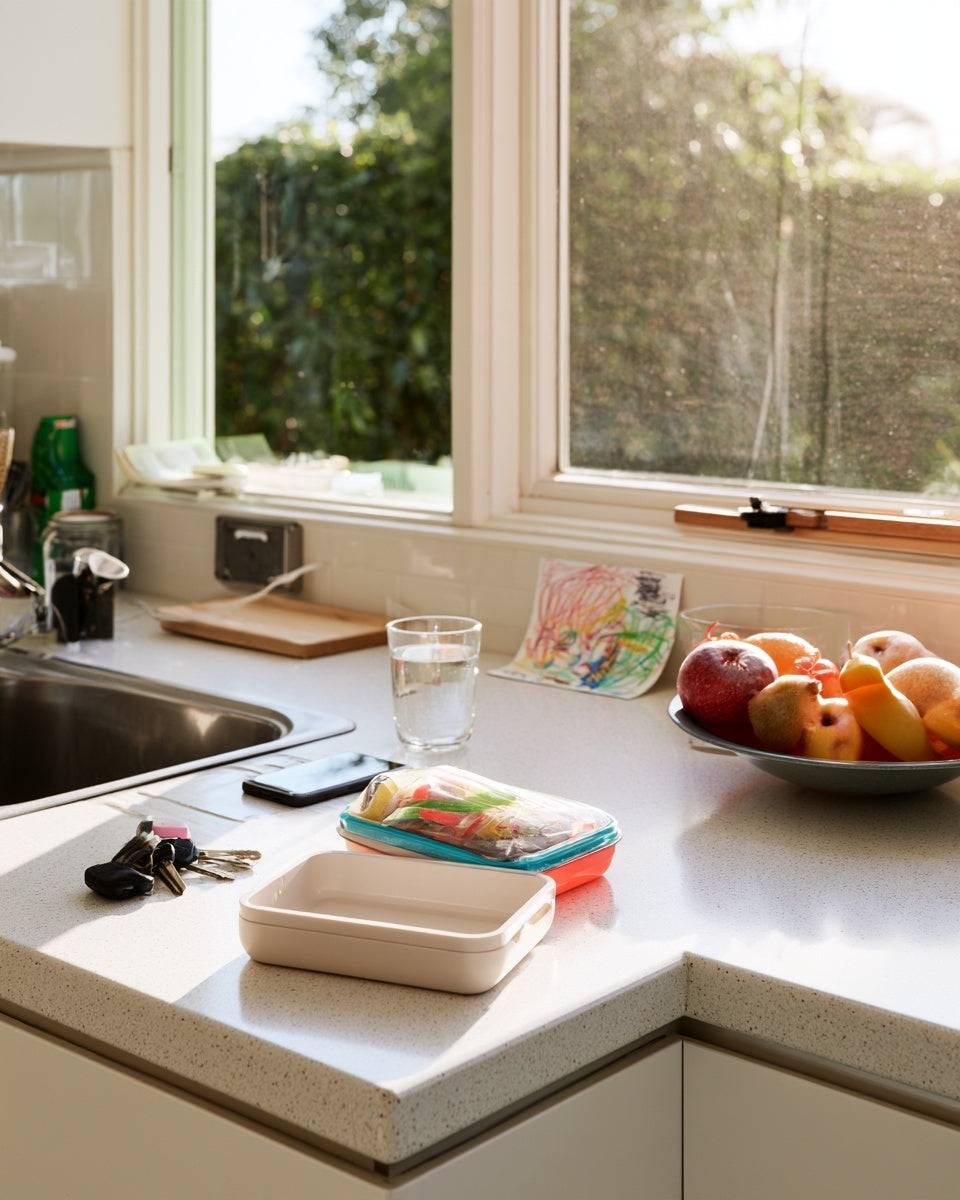 Sunlit kitchen counter with fresh fruit.