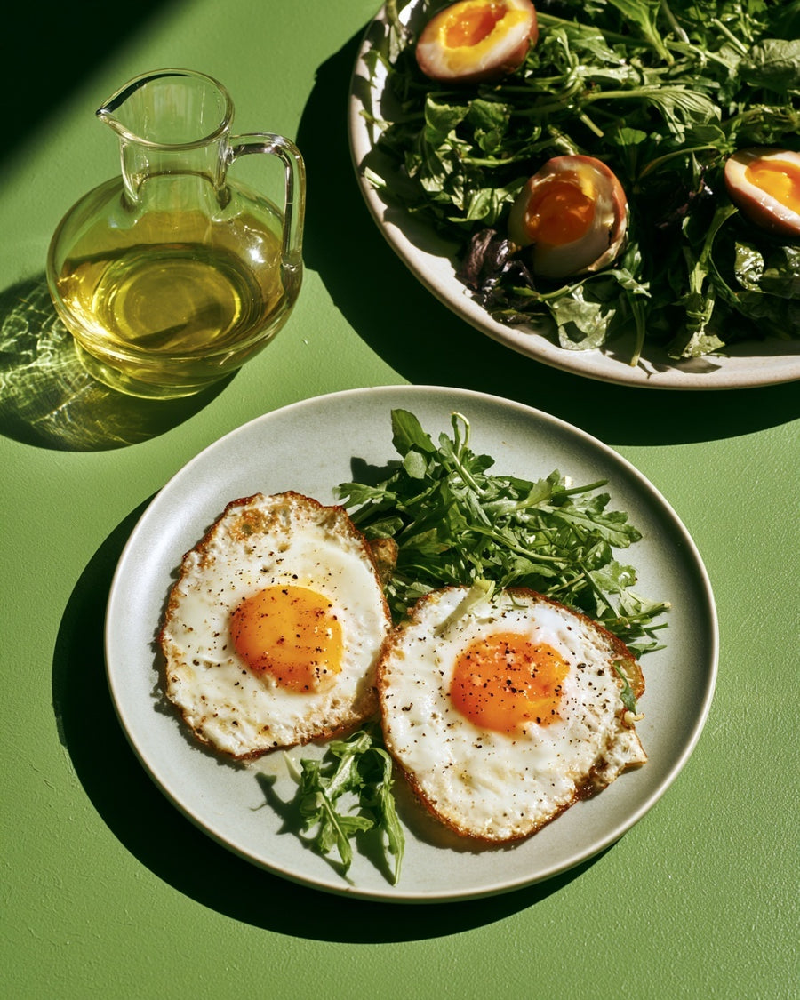 Breakfast plate with eggs, greens and a drink.