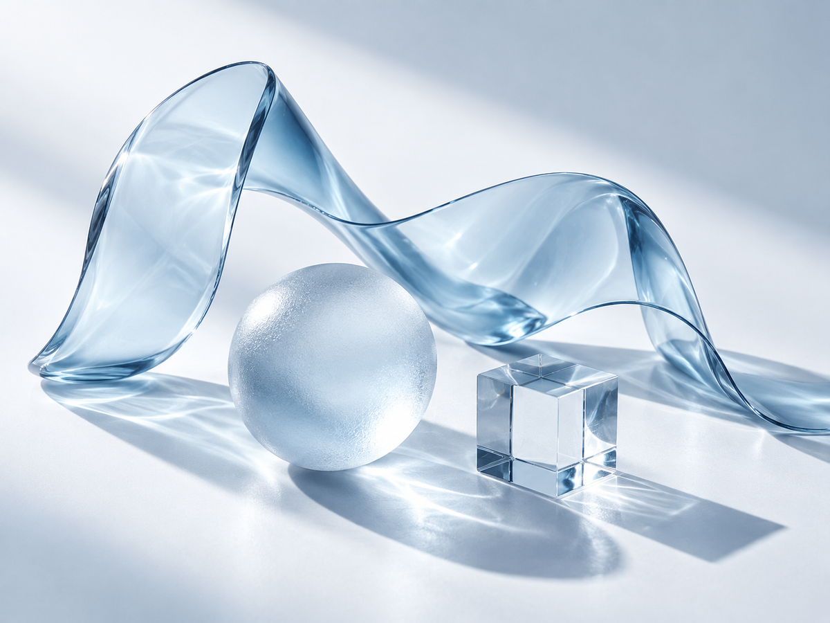 Abstract pale blue glass ribbon, frosted sphere and cube on white.