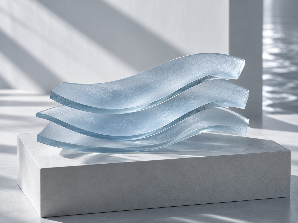 Abstract layers of curved frosted blue glass on a white plinth.