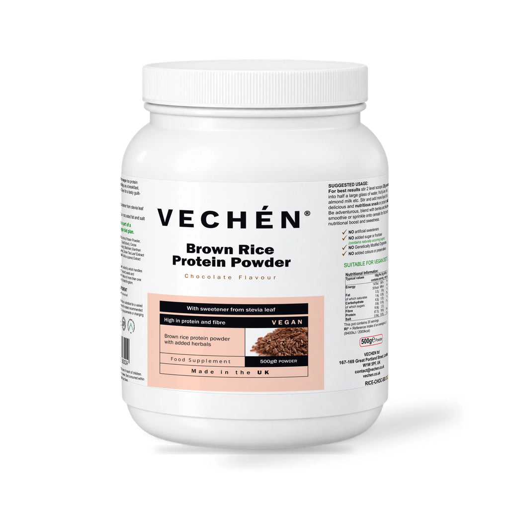 VECHÉN brown rice protein powder chocolate — angled front view on a white background