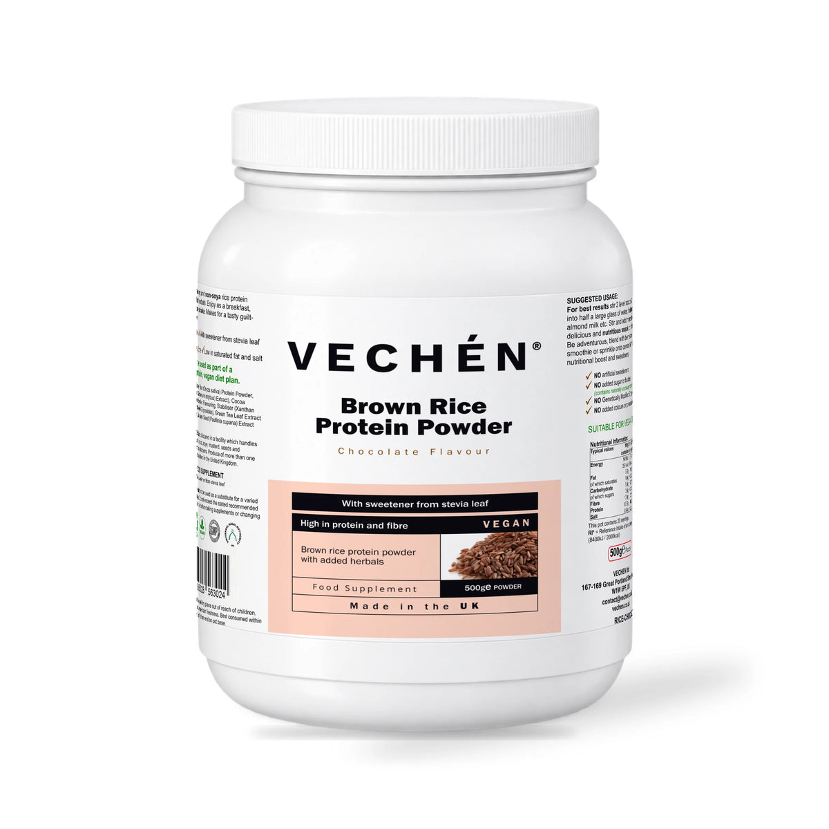 VECHÉN brown rice protein powder chocolate — front view on a white background
