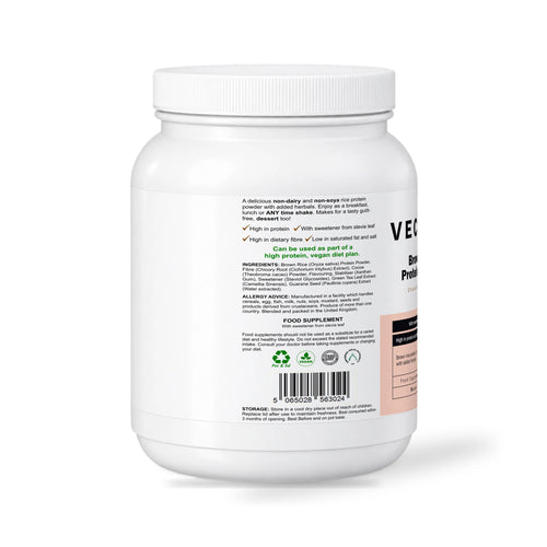 VECHÉN brown rice protein powder chocolate — left side of packaging on a white background