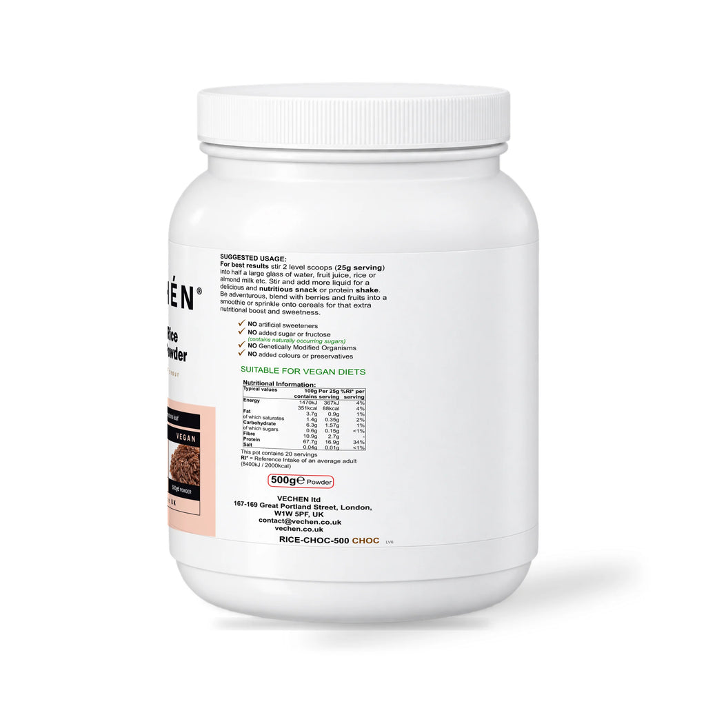 VECHÉN brown rice protein powder chocolate — right side of packaging on a white background
