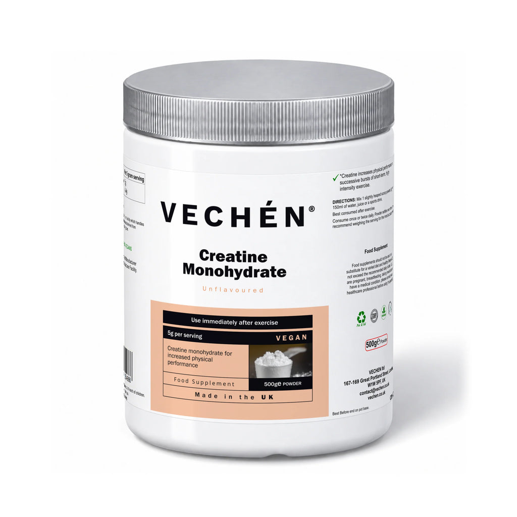 VECHÉN creatine monohydrate unflavoured — angled front view on a white background