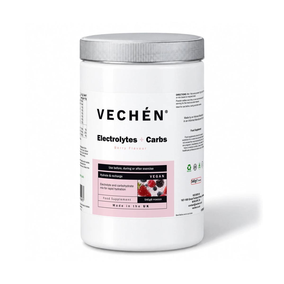 VECHÉN electrolytes carbs berry — angled front view on a white background