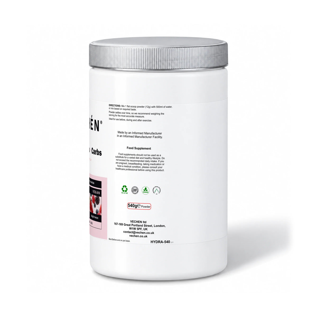 VECHÉN electrolytes carbs berry — right side of packaging on a white background