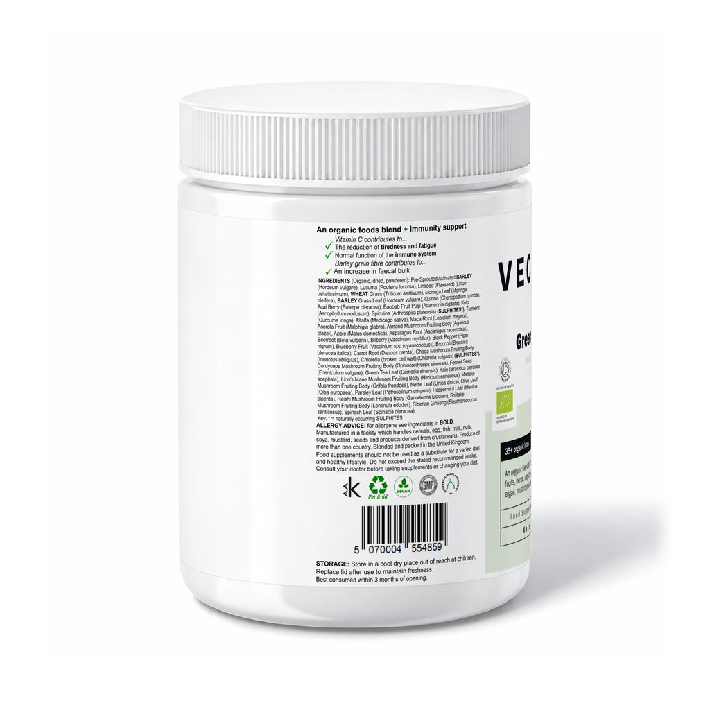 VECHÉN greens blend unflavoured — left side of packaging on a white background