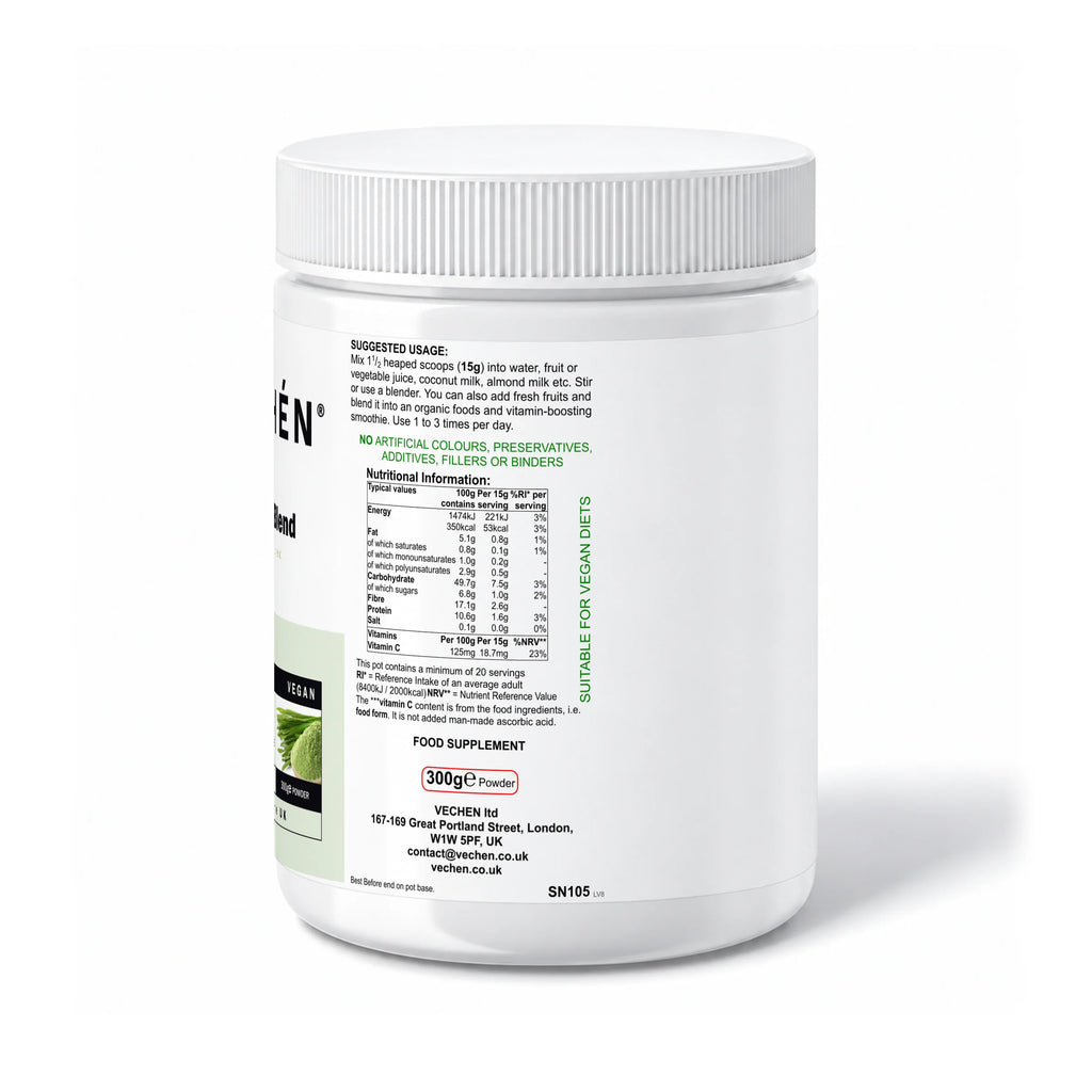 VECHÉN greens blend unflavoured — right side of packaging on a white background