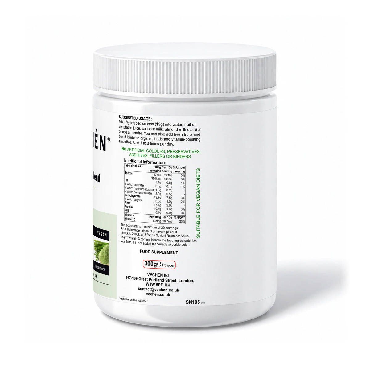 VECHÉN greens blend unflavoured — right side of packaging on a white background
