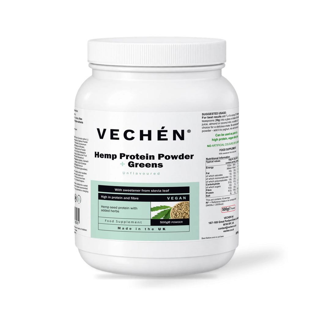 VECHÉN hemp protein powder greens unflavoured — angled front view on a white background