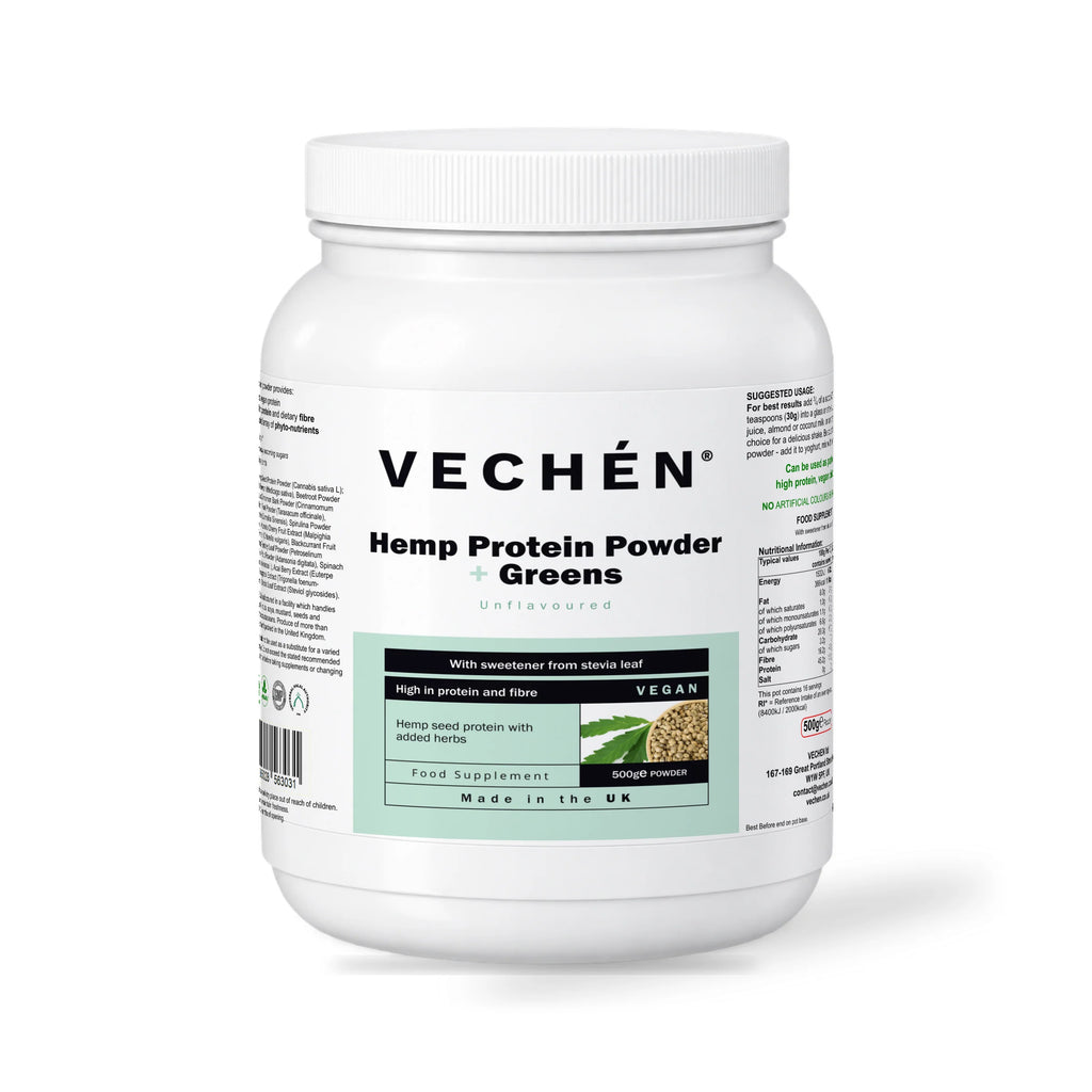 VECHÉN hemp protein powder greens unflavoured — front view on a white background