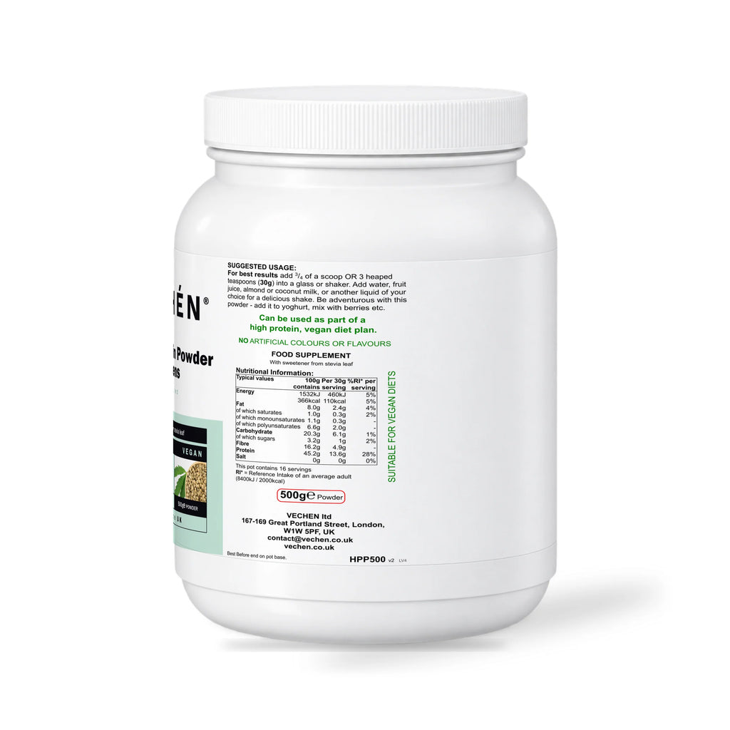 VECHÉN hemp protein powder greens unflavoured — right side of packaging on a white background