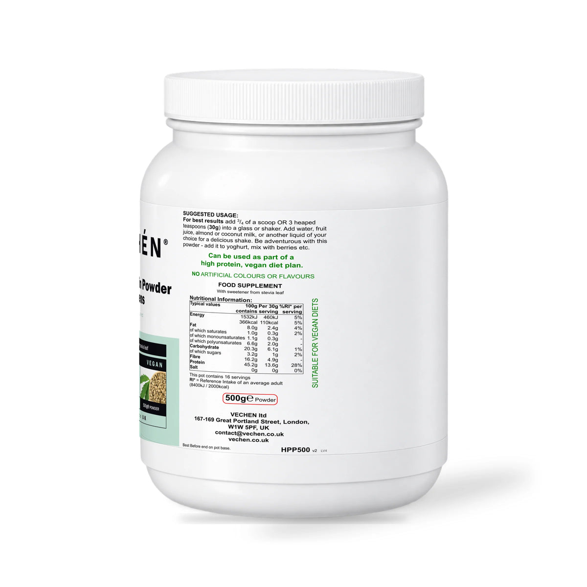 VECHÉN hemp protein powder greens unflavoured — right side of packaging on a white background