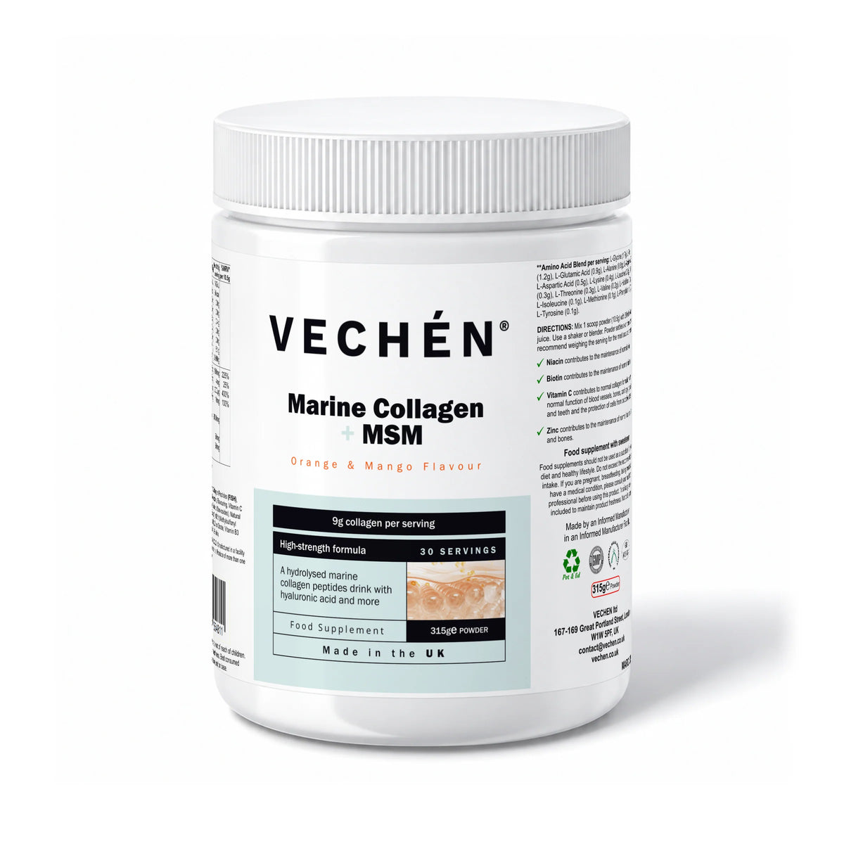 VECHÉN marine collagen msm orange mango — angled front view on a white background