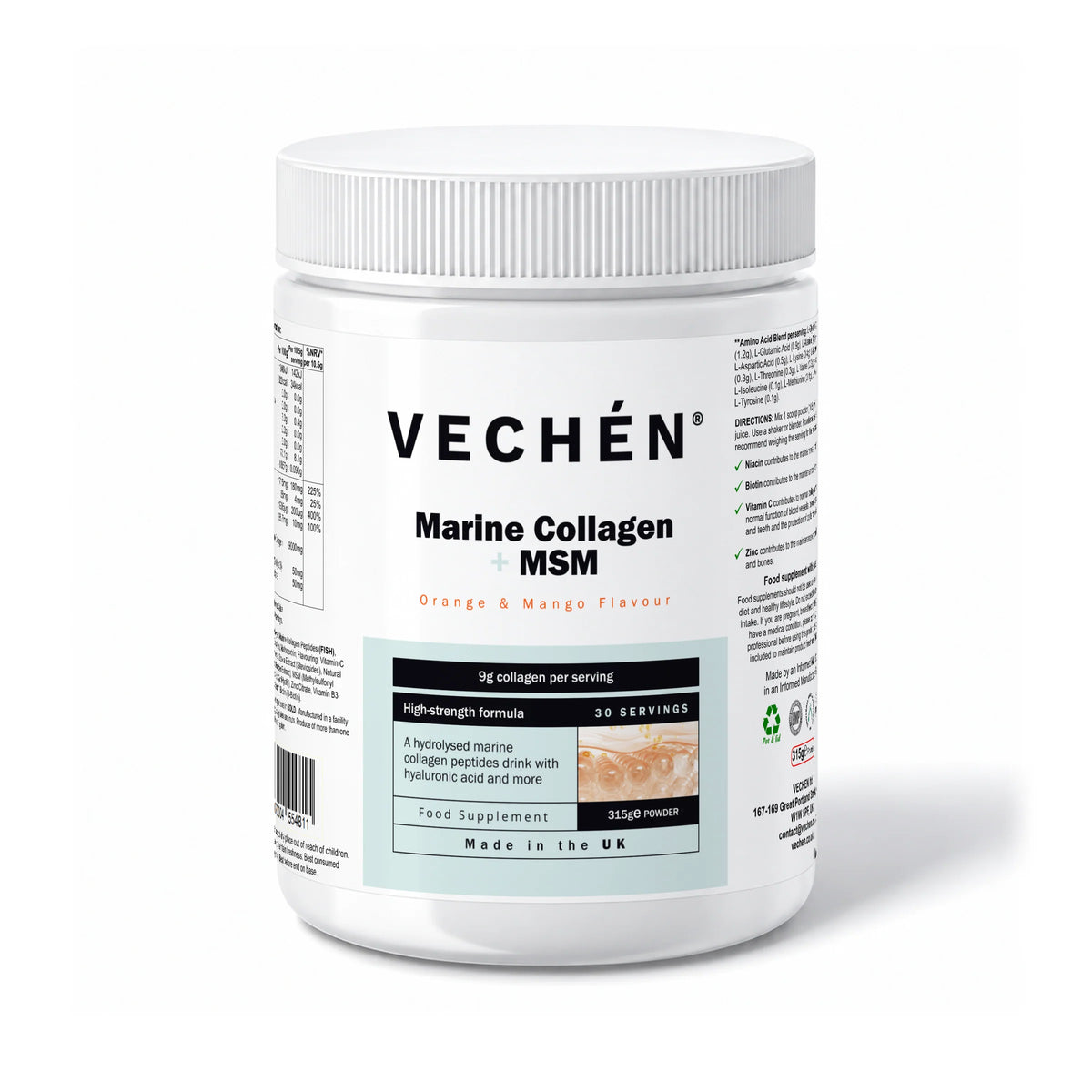 VECHÉN marine collagen msm orange mango — front view on a white background