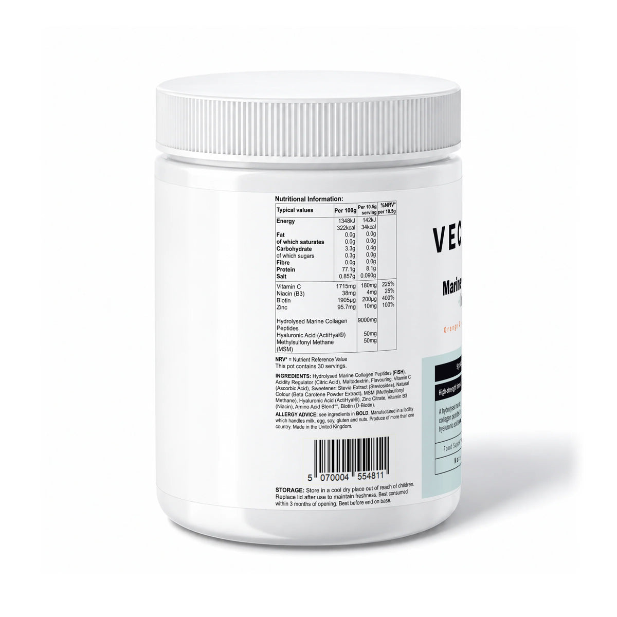 VECHÉN marine collagen msm orange mango — left side of packaging on a white background
