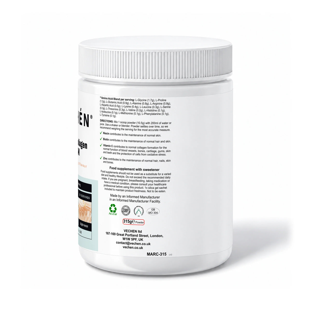 VECHÉN marine collagen msm orange mango — right side of packaging on a white background