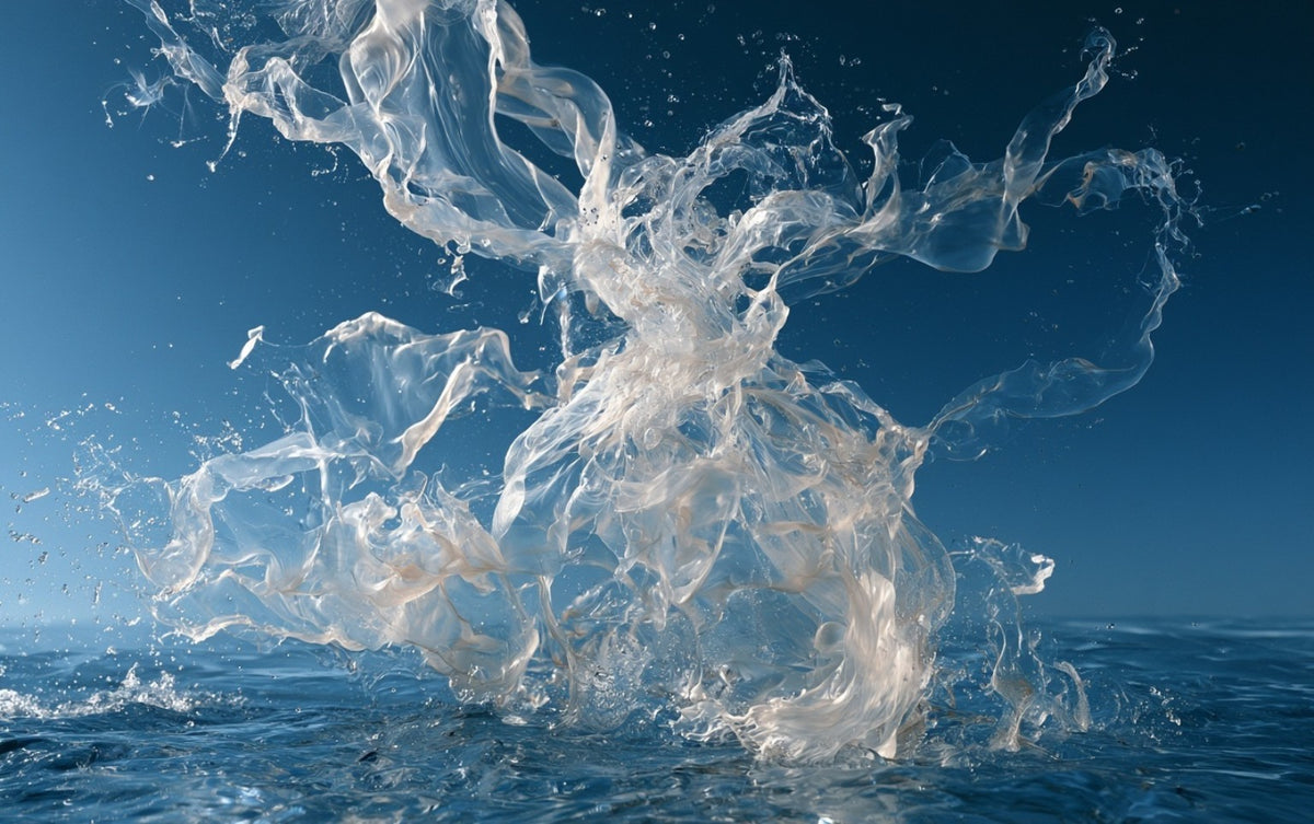White powder swirling through a splash of water against a blue background
