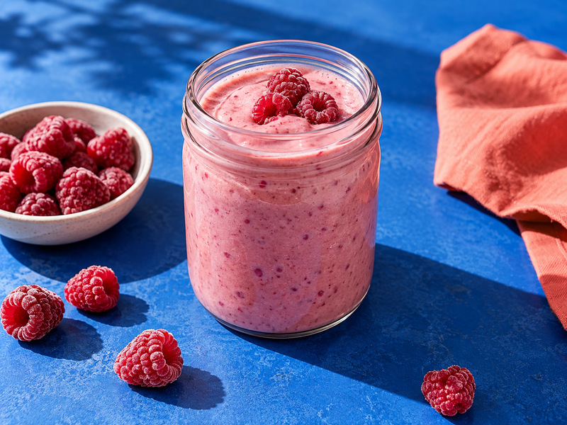 Pink kefir and raspberry smoothie in a glass jar.