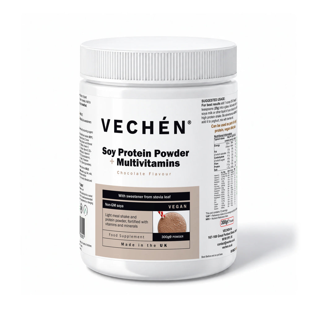 VECHÉN soy protein powder multivitamins chocolate — angled front view on a white background