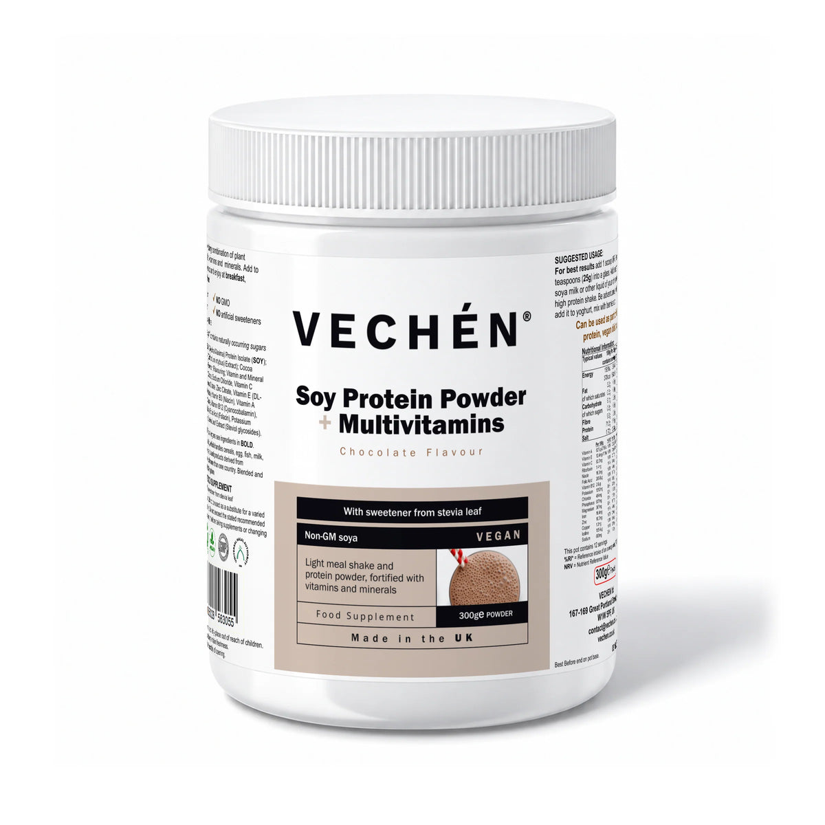 VECHÉN soy protein powder multivitamins chocolate — front view on a white background