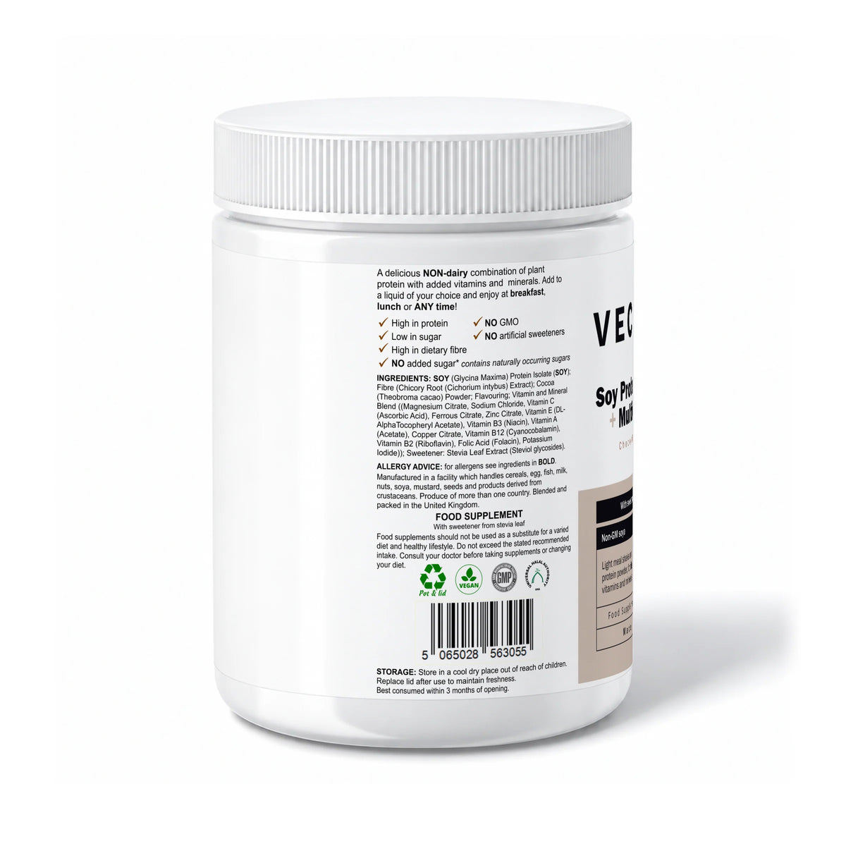 VECHÉN soy protein powder multivitamins chocolate — left side of packaging on a white background