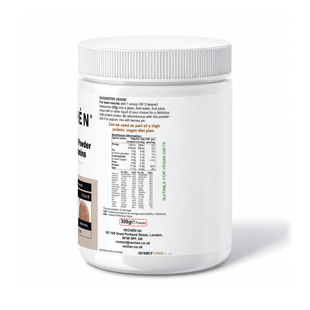 VECHÉN soy protein powder multivitamins chocolate — right side of packaging on a white background