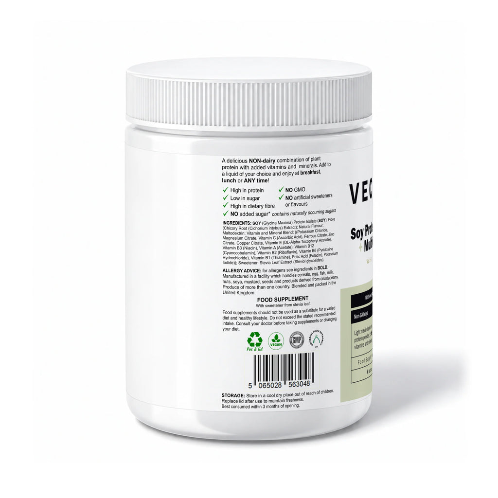 VECHÉN soy protein powder multivitamins vanilla — left side of packaging on a white background