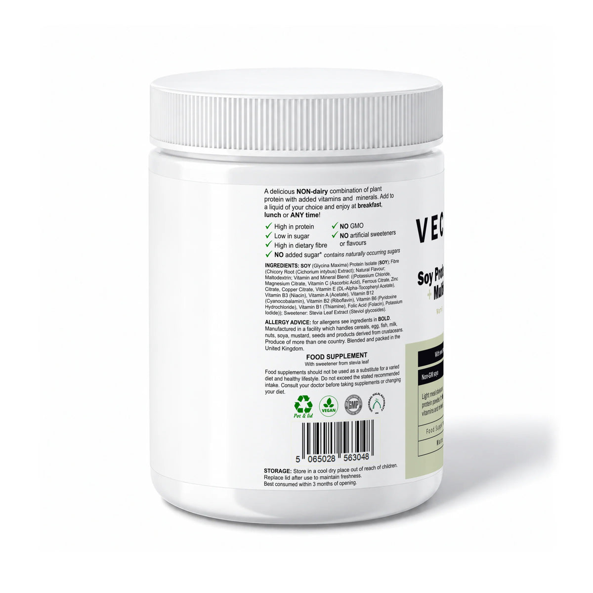 VECHÉN soy protein powder multivitamins vanilla — left side of packaging on a white background