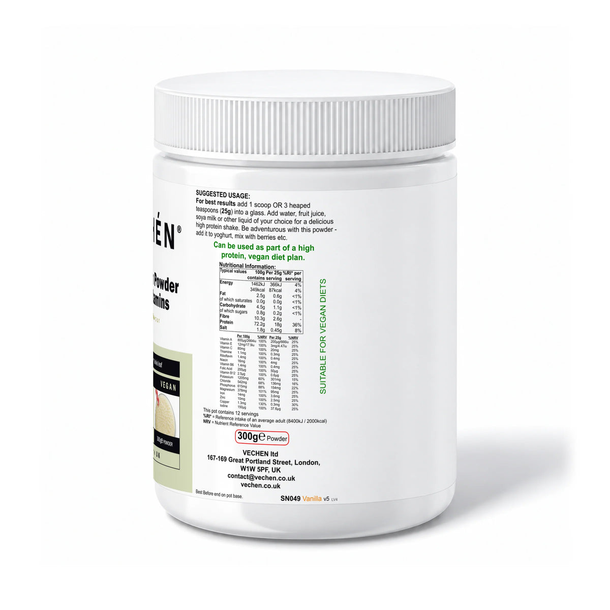 VECHÉN soy protein powder multivitamins vanilla — right side of packaging on a white background