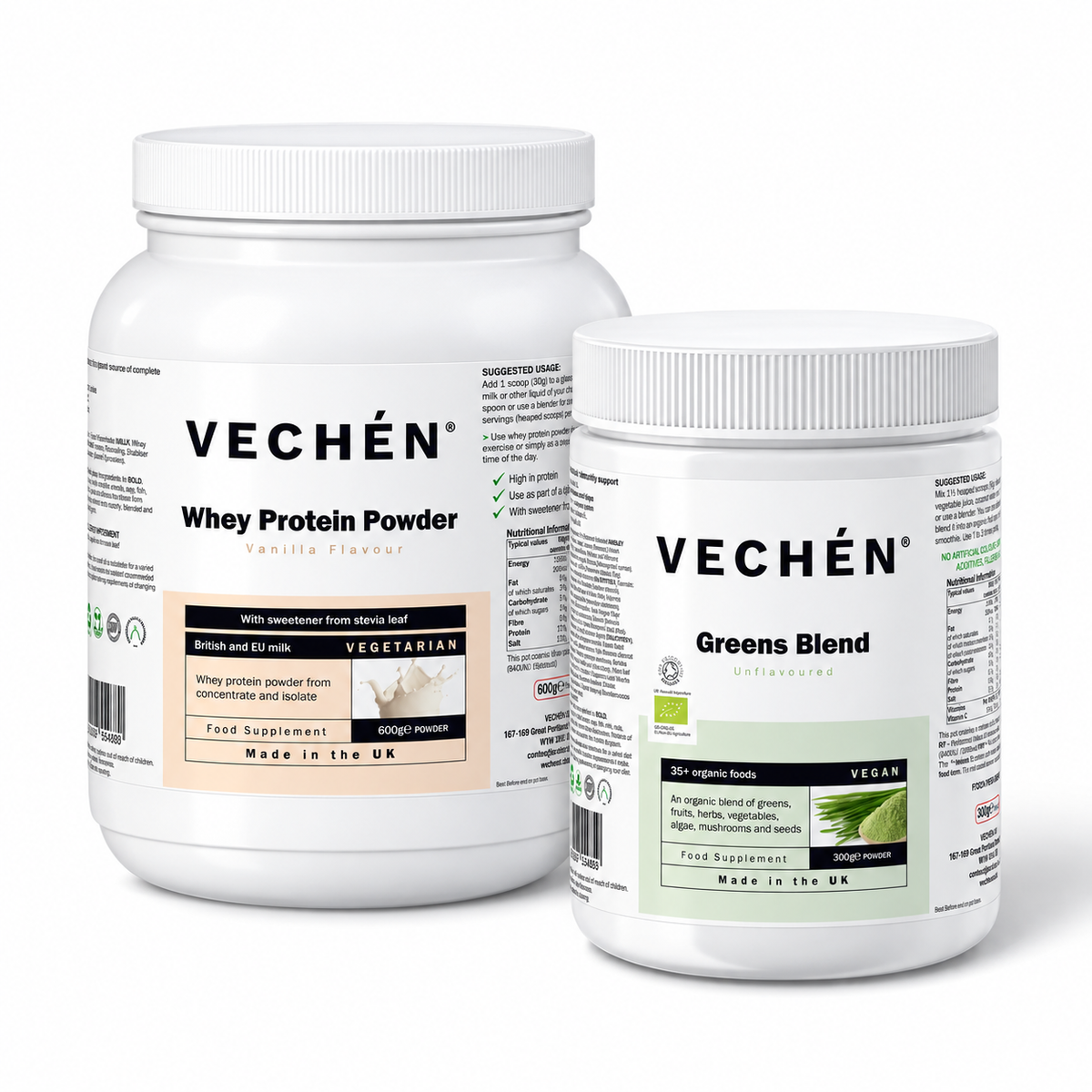 The Morning Set — Vanilla Whey Protein and greens blend, two full-size products