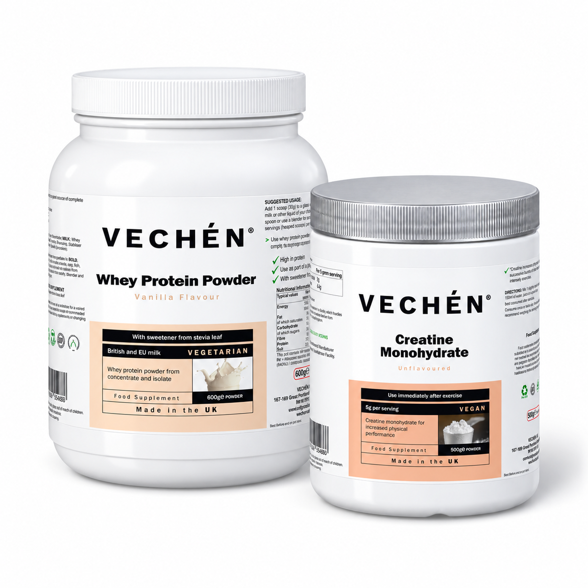 The Strength Set — Vanilla Whey Protein and creatine monohydrate, two full-size products