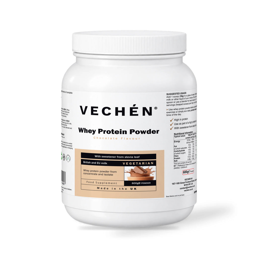 VECHÉN whey protein powder chocolate — angled front view on a white background