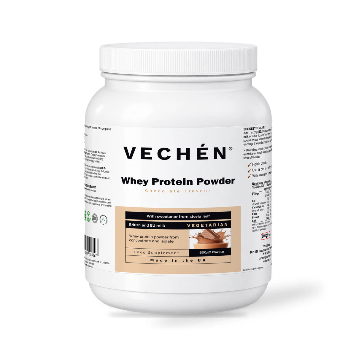 VECHÉN whey protein powder chocolate — front view on a white background