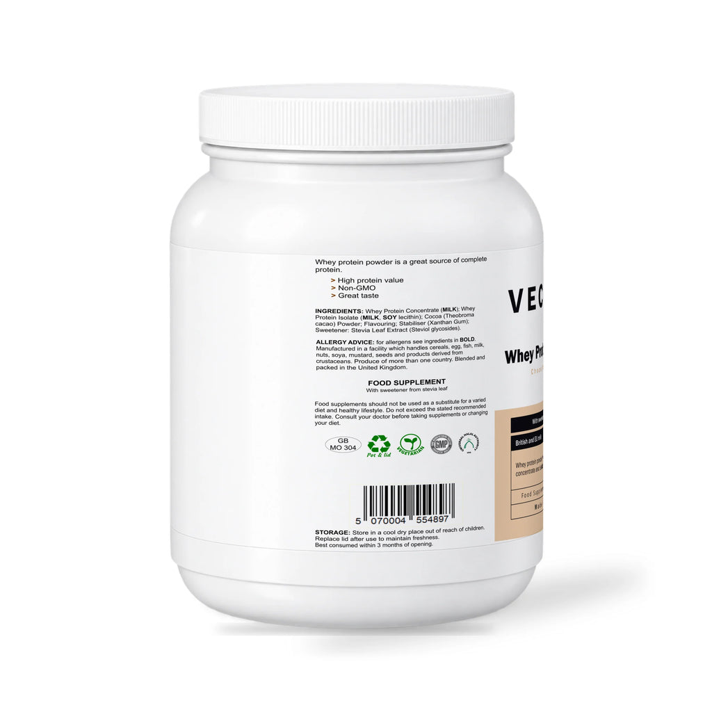 VECHÉN whey protein powder chocolate — left side of packaging on a white background
