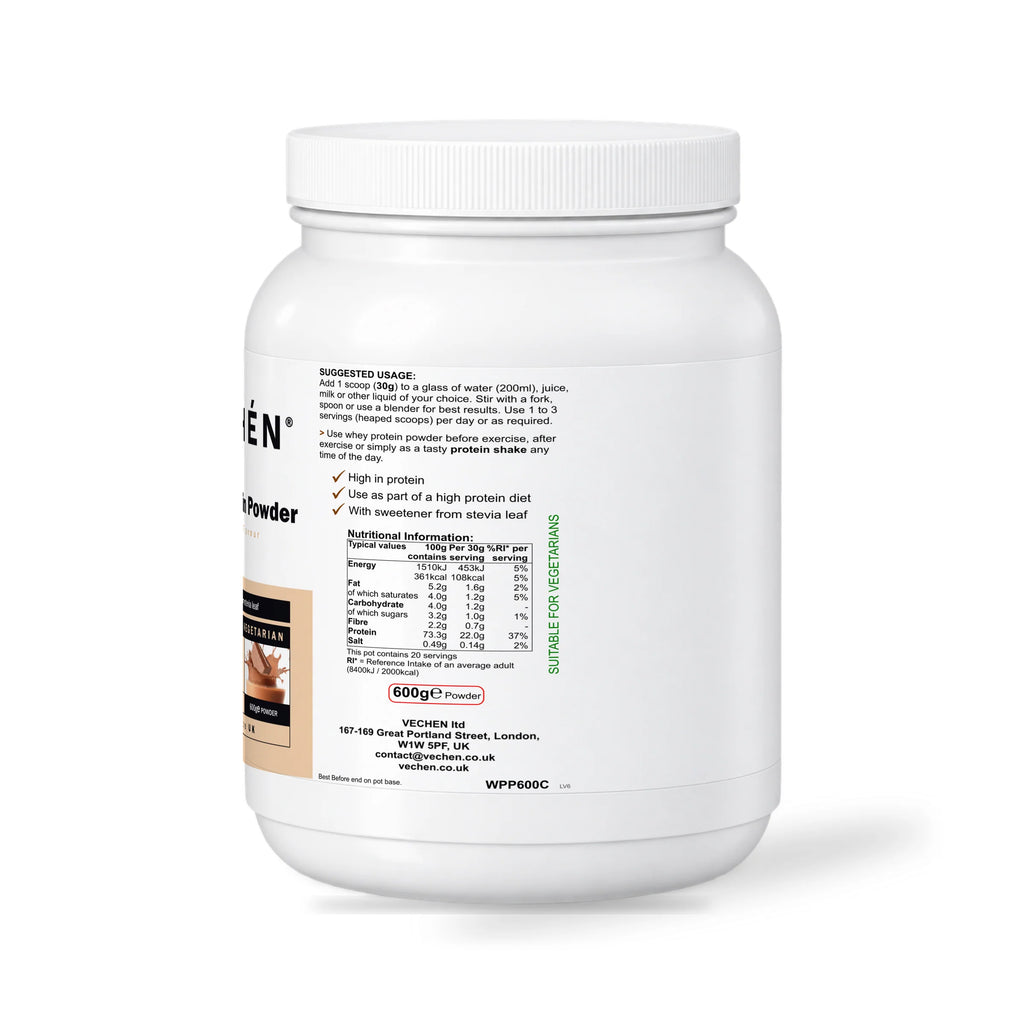 VECHÉN whey protein powder chocolate — right side of packaging on a white background
