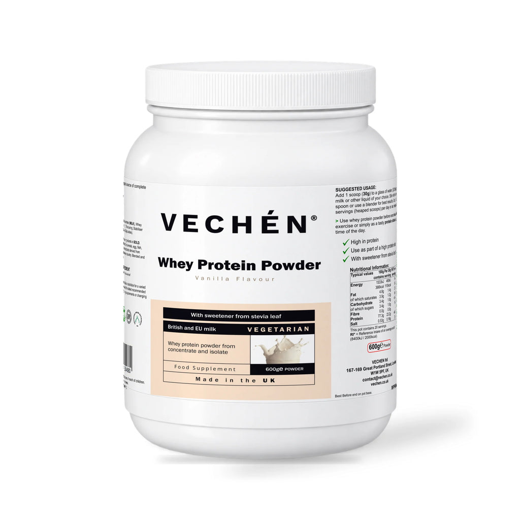 VECHÉN whey protein powder vanilla — angled front view on a white background