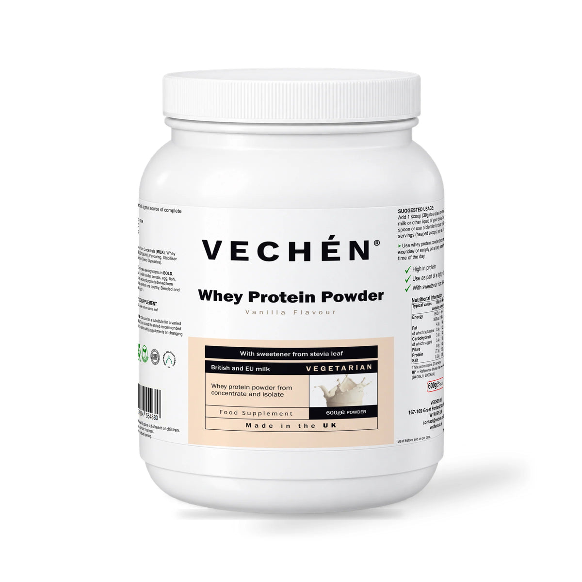 VECHÉN whey protein powder vanilla — front view on a white background