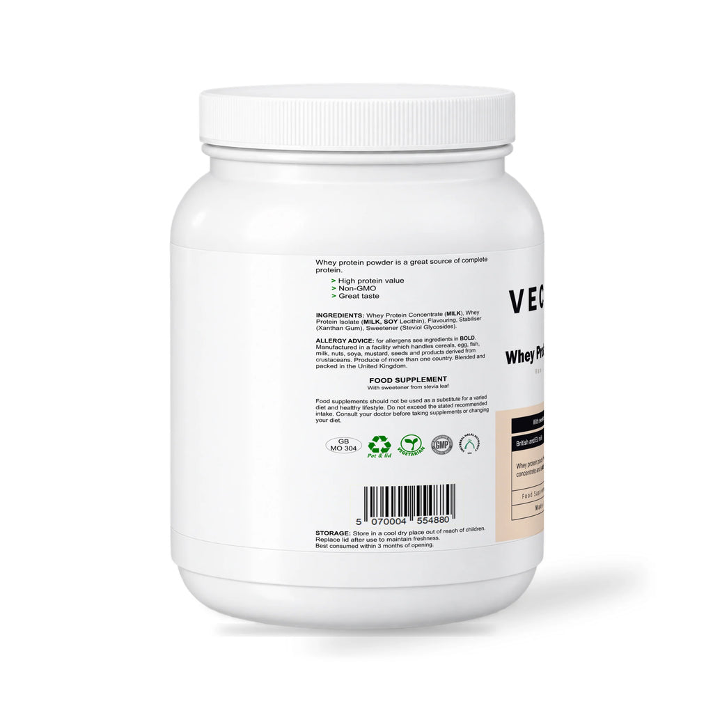 VECHÉN whey protein powder vanilla — left side of packaging on a white background