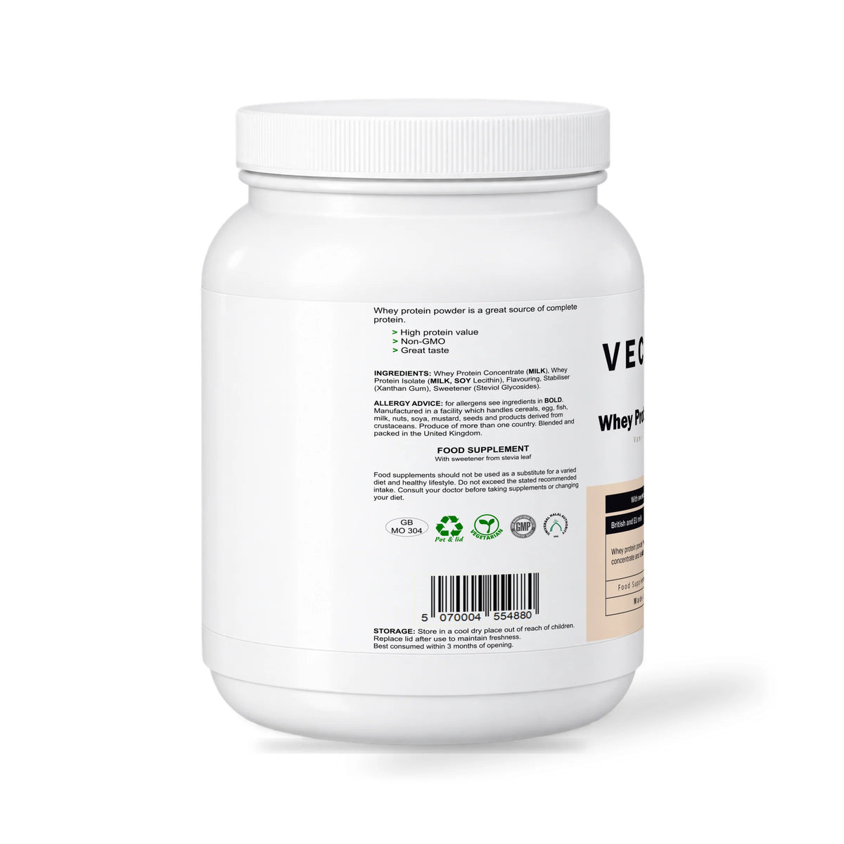 VECHÉN whey protein powder vanilla — left side of packaging on a white background
